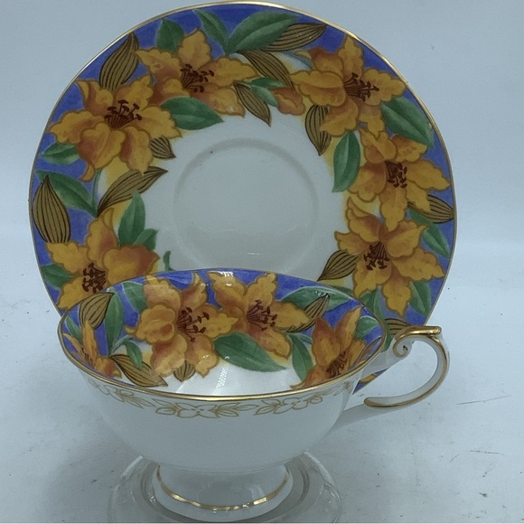 Queen’s England Fine Bone  China Art Deco Blue Teacup and Saucer - Picture 5 of 13